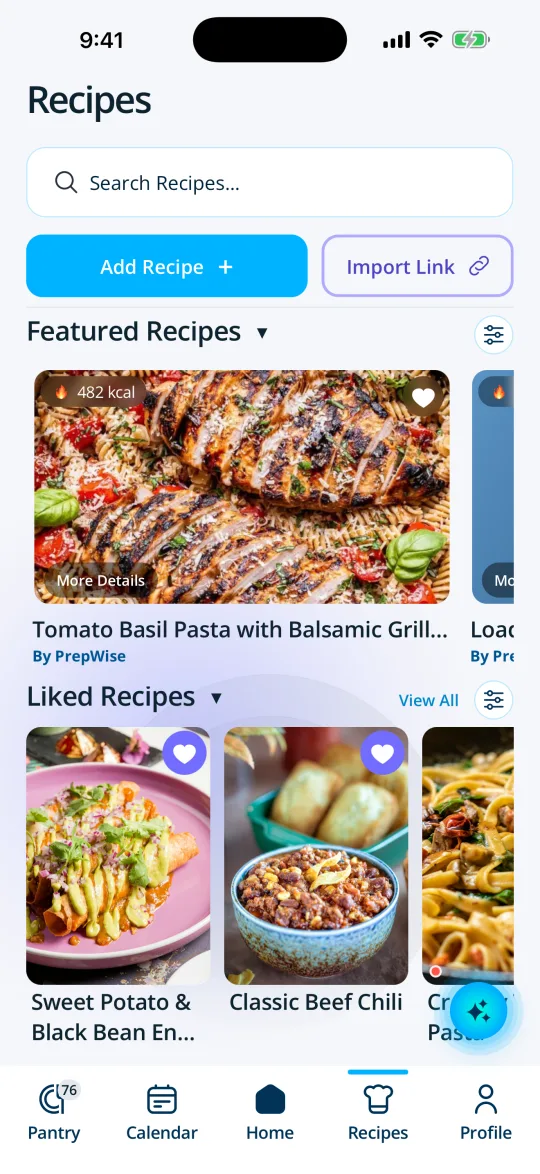 PrepWise Recipes screen with a featured grilled chicken and tomato basil pasta recipe and liked recipes