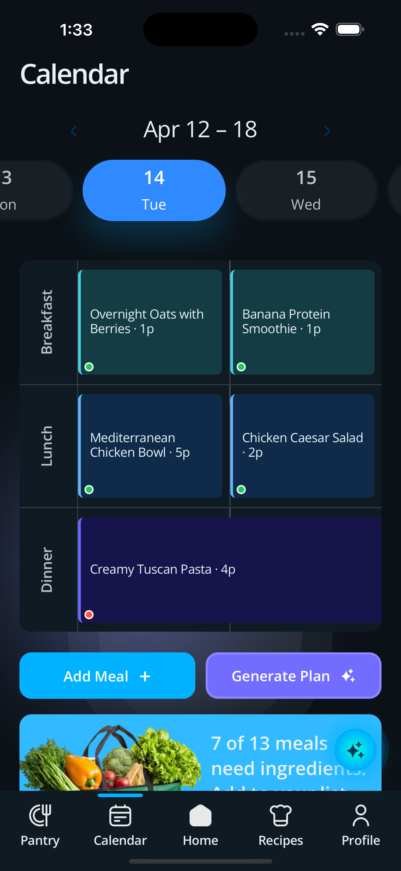 PrepWise weekly meal calendar in dark mode