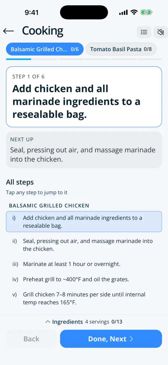PrepWise cooking mode showing step 1 of 6 for balsamic grilled chicken
